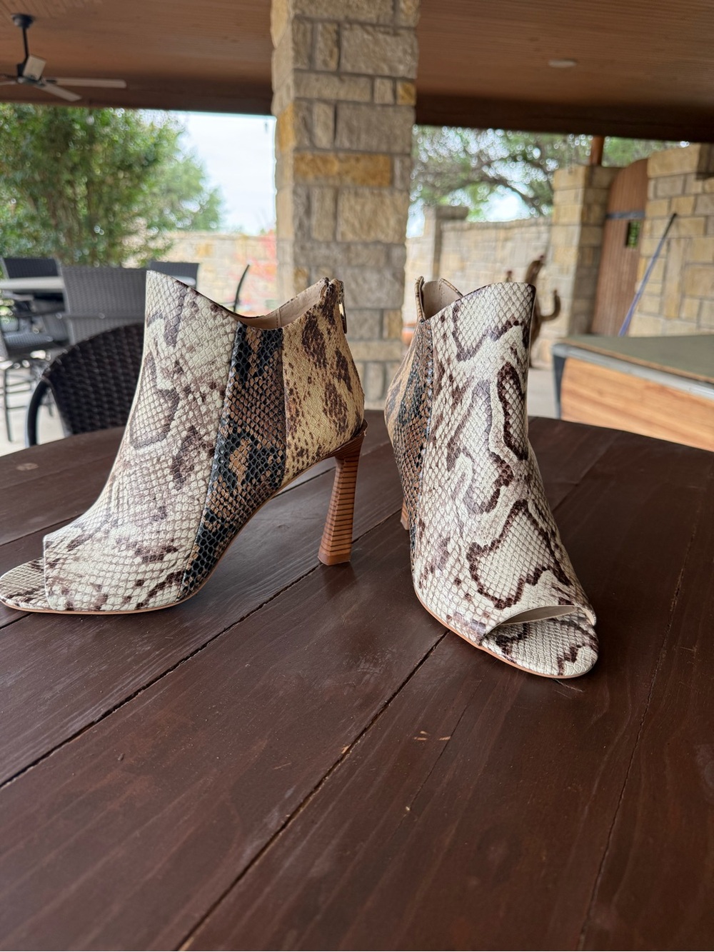 Vince Camuto Snake-Print Open-Toe Stacked Heel Booties - Brown/Black/Cream